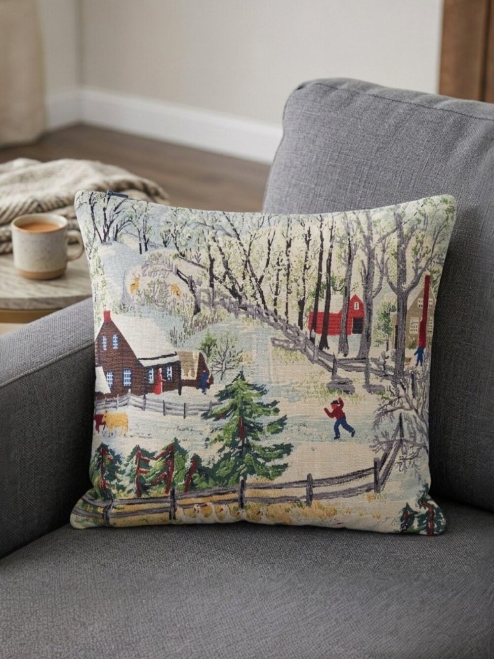 Handmade Accent Pillow Cover of Grandma Moses Early Springtime on the Farm - Picture 12 of 16